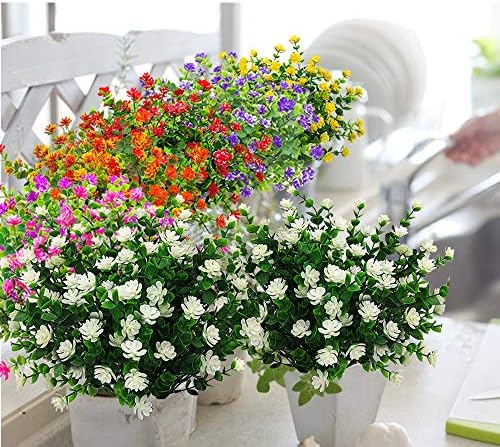 Grunyia 10 צרורות פרחים מזויפים מלאכותיים, צמחי פלסטיק חיצוניים פו חיצוניים שיחים עמידים בפני UV מחוץ