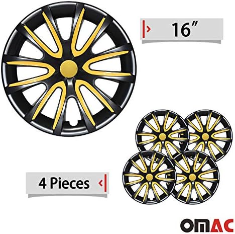 OMAC Hubcaps 16 אינץ 'עבור יונדאי טוסון שחור וצהוב 4 יח'. כיסוי חישוקי גלגלים - כובעי רכזת - החלפת