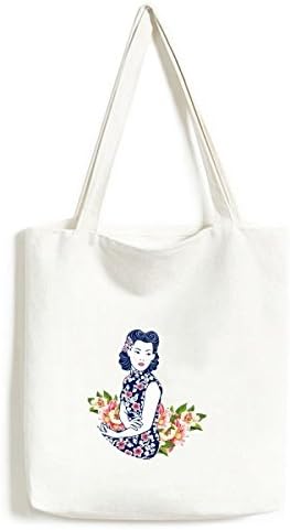 תרבות סינית אשת פרח כחולה טווט תיק קניות תיק קניות תיק מזדמן