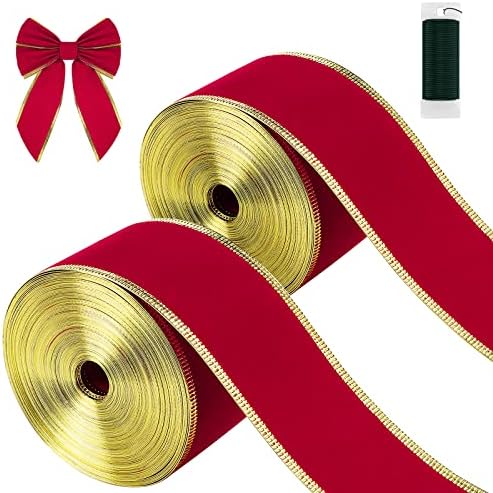 אדקסקו 2 מארז סרט קטיפה קצה חוט אדום לחג המולד לעטיפת מתנה מלאכת יד קישוטי עשה זאת בעצמך עם חוט פרחוני,