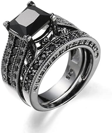 טבעת סט, 2-ב-1 זוג בציר שחור יהלומי כסף אירוסין נישואים טבעות למאהב