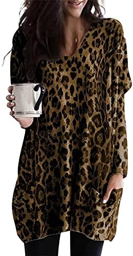 צמרות מזדמנות של נשים נמר נמר טוניקה טוניקה שרוול ארוך חולצות כיס עליון חולצה מזדמנת חולצות טוניקה רופפות