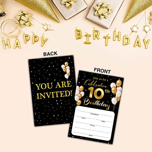 כרטיסי הזמנה ליום הולדת עשירי עם מעטפות - נושא זהב קלאסי מלא מלא את כרטיסי ההזמנה של מסיבת יום הולדת ריקה, לילדים