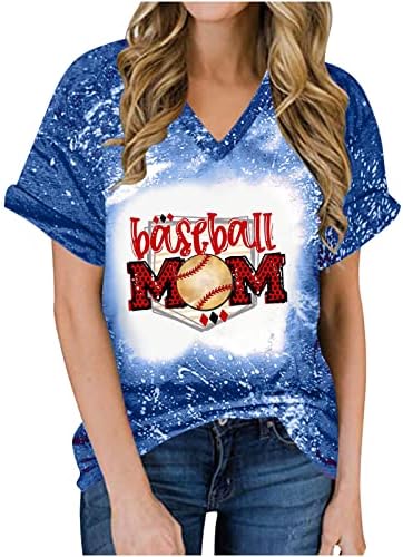 חולצות מולבנות בקיץ לנשים בייסבול אמא טי טי מזדמן שרוול קצר שרוול V צוואר חולצה חולצה