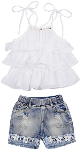 פעוטות תינוקות תינוקות בגדי קיץ תלבושות חלב על כתף תחרה לבנה חולצת חולצה ג'ינס מכנסיים קצרים/מכנסיים