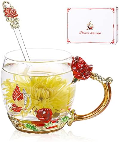 אחדפנג יום הולדת מתנות לנשים, זכוכית פרח תה כוס, תה כוס סט, מפואר תה כוסות,מתנות לאמא נשים