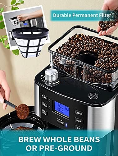 מכונת קפה בטפטוף של 10 כוסות, טחינה וחליטה של מכונת קפה אוטומטית עם מטחנת קפה בר מובנית, מצב טיימר הניתן לתכנות