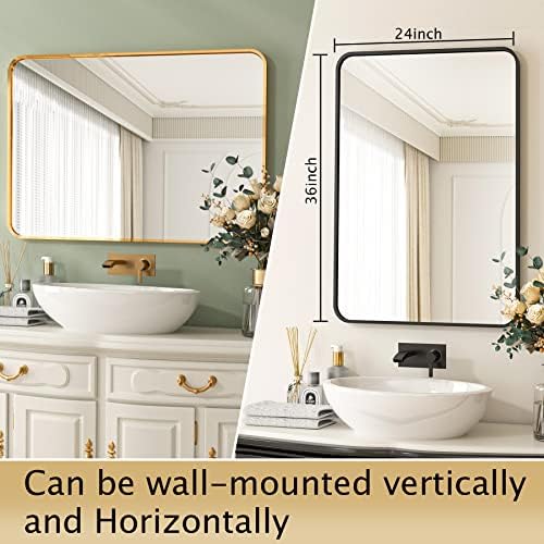 Harritpure מראה אמבטיה מעוגלת 24 x 36 מראה קיר מלבני מסגרת סגסוגת אלומיניום עכשווית מראה תלויה לסלון חדר שינה