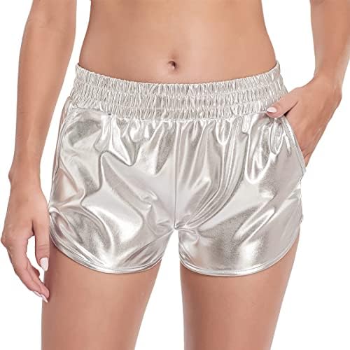מכנסיים קצרים מתכתיים של Fenyong מכנסיים מבריקים עם מותניים אלסטיים בגדי ריקוד נלהבים חמים