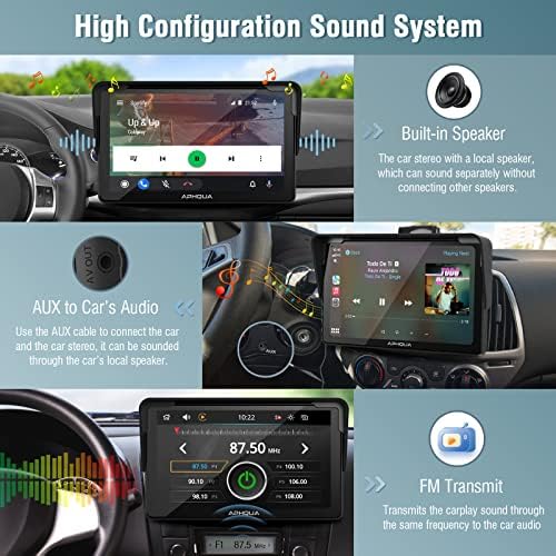 Aphqua A3 החדש ביותר נייד אלחוטי Apple Carplay ו- Android Auto Radio Stereo עם שמש ניתנת לניתוק,