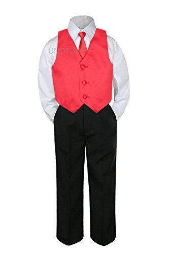 4PC בנים מתבגרים פורמליים בנים נוער אדום עניבת אפוד אדום מערכי מכנסיים שחורים חליפות S-14