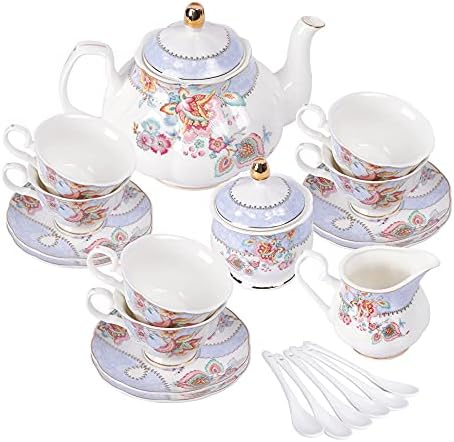 סט תה פורצלן פרחים סגולים מרובע, סט כוס תה ותחתית, שירות תה לחתונה עבור 6, סט קפה בסין