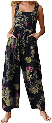 טיקוי ללא שרוולים סרבל לנשים אופנה בוהמי הדפסת כפתור רצועות סרבל בבאגי ארוך מכנסיים רומפר עם כיסים