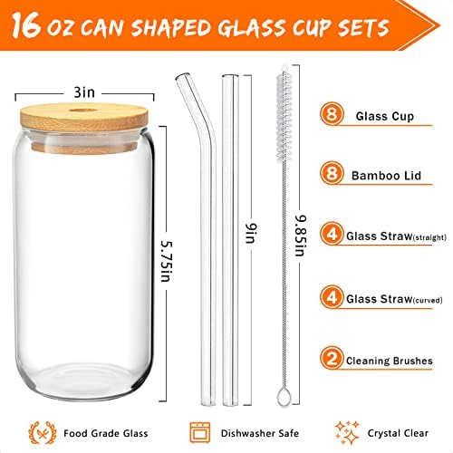 8 יחידות שתיית משקפיים עם מכסי במבוק וזכוכית קש-16 עוז יכול בצורת זכוכית כוסות בירה משקפיים קרח קפה משקפיים חמוד