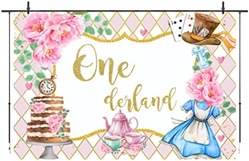 אנדרלנד 1 יום הולדת רקע עבור בנות ורוד הפלאות תה מסיבת צילום רקע ילדה ורוד פרחוני פוקר קישוט עוגת שולחן