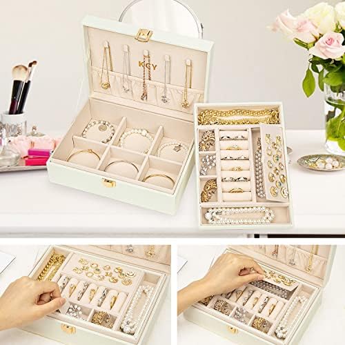 מארגן קופסאות תכשיטים KCY לנשים בנות, מארז אחסון גדול של תכשיטים עור PU עם 2 שכבות מחזיק תצוגה ומגש