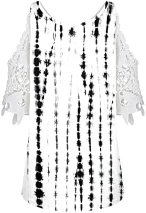 רוכסן נגד צוואר צוואר רופף לנשים עם כתף קר תחרה חולצות שרוול קצר מודפסות טוניקה טלאי טוניקה מודפסת