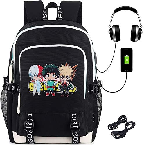 Roffatide Anime Hero Academia תרמיל תרמיל מדפס בתי ספר לתיק בית ספר נייד עם יציאת טעינה USB ונמל אוזניות
