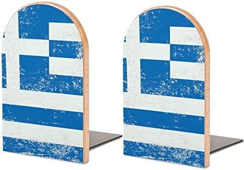 דגל יוון סוף ספר מודפס תומכי ספרים מעץ 1 זוגות למדפים מעמד ספרים כבד 5 על 3 אינץ