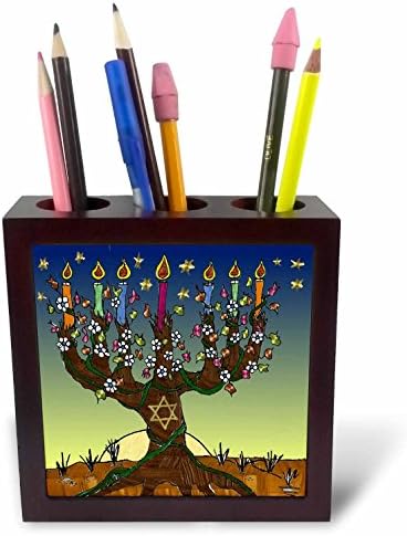 3 דרוז לי הילר מעצב את יהודיקה - עץ החיים Menorah Rosh Hashanah Chanukah הדפס אמנות - מחזיק עט אריחים