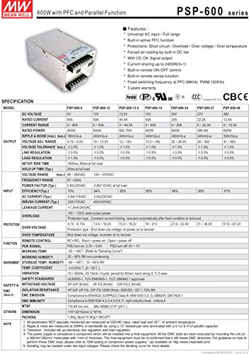 ממוצע טוב PSP-600-48 מיתוג סגור אספקת חשמל AC-DC, פלט יחיד, 48V, 0-12.5A, 600W, 3.7 H x 4.7 W x 6.7 L