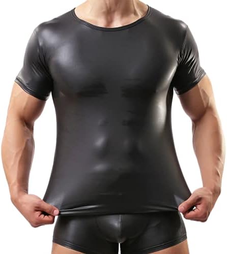 חולצת טריקו מעור סקסי לגברים ללא צוואר חולצות בגדי לילה דקים גופיית מראה רטוב שחור