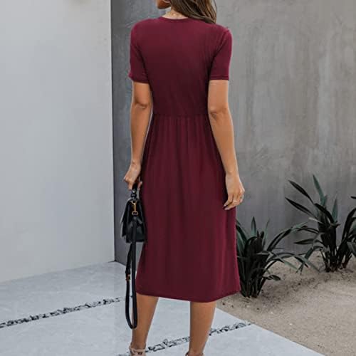 שמלה ארוכה לנשים שמלה עסקית אלגנטית סולידית צוואר עגול כפתור שמלת קיץ למטה שמלת מקסי עם שרוול קצר