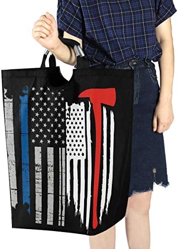גדול סל כביסה מתקפל כביסת משטרת דק כחול קו וכבאי אמריקאי דגל ארגונית סלי לילדים מלוכלך בד צעצוע
