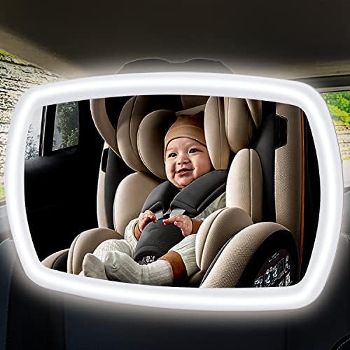 מראה מכונית לתינוק עם אור LED Light, מראה בטיחותית גדולה עם פונה אחורית לרכב, נפרד אטום ונבדק, סיבוב 360 מעלות,