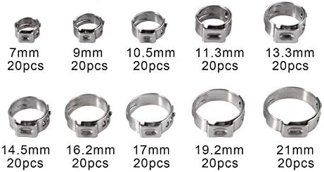 פרוסטר 200 יחידות אוזן מלחציים נירוסטה צינור מהדק קליפ 5.8-7 ממ, 7.3-9 ממ, 8.8-10.5 ממ, 9.6-11.3 ממ,