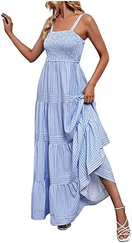 WPOUMV שמלת מקסי קיץ לנשים שמלת קלע ללא שרוולים מפוספס
