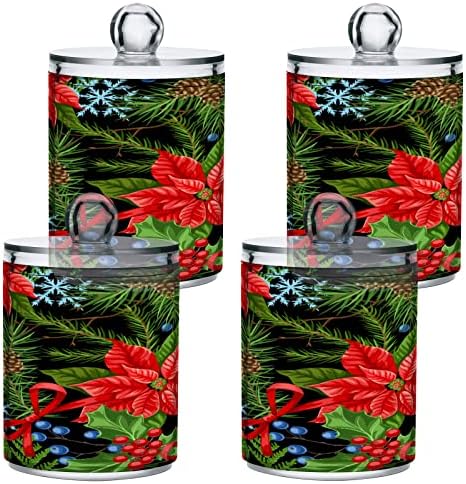 Alaza 4 Pack QTIP Holder Dispenser חג המולד Poinsettia פרחים מארגני אמבטיה מיכלים לכדורי כותנה/ספוגיות/רפידות/חוט
