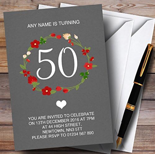 זר פרחוני אדום אפור כפרי 50 הזמנות למסיבת יום הולדת בהתאמה אישית