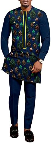חליפות אפריקאיות לגברים חולצת הדפס שרוול ארוך ומכנסיים 2 חלקים סט דשיקי תלבושות מזדמנים בתוספת