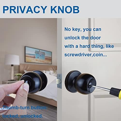 כדור עגול עגול מט מט כפתור דלת פרטיות שחור לחדר שינה וחדר אמבטיה, ידית דלת פנים ללא מפתח, ידית דלת פנים שחורה