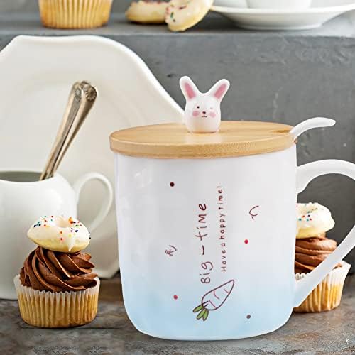 כוס חלב קרמיקה של בלסקי ספל קפה חמוד עם ארנב מקסים מכסה עץ כפית קרמיקה, חידוש כוסות קפה קוואיי ספלי בוקר מיקרוגל