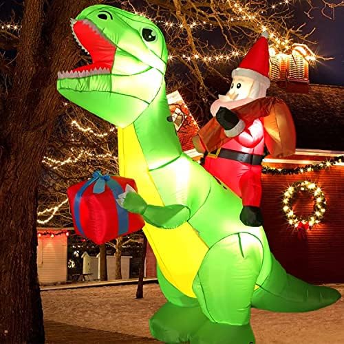 דינוזאור לחג המולד של BOOWOO/קישוט מתנפח דוב, נסיעה בסנטה מתנפחת על דינוזאור עם קופסת מתנה, קישוט
