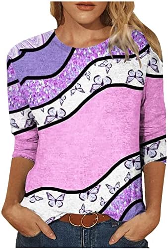 צמרות אופנה לנשים בכל רחבי הדפס צבעוני חולצת טריקו צוואר עגול 3/4 שרוולים חולצה 2023 חולצות מזדמנים