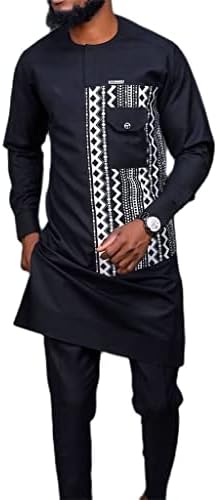 גברים אפריקאים בגדים מזדמנים דשיקי תלבושות חולצה שרוול ארוך מכנסיים עליונים אימונית אופנה טלאים חליפת חולצה
