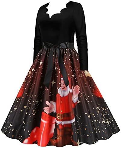 חג המולד שמלות לנשים קלאסי תה שמלה ארוך שרוול צווארון שמלה עם חגורת נדנדה קוקטייל המפלגה שמלות