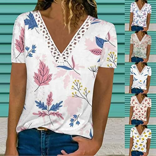 חולצות קיץ נשים 2023 צמרות מזדמנים לבושות הדפסים גרפיים Tees Teaces Trie Trim V צוואר חולצות חולצות