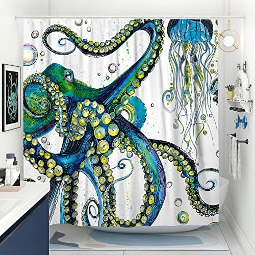 וילון מקלחת תמנון ירוק של DESIHOM סט וילונות מקלחת קרקן ימי מגניבים לחדר אמבטיה מצחיק אוקיינוס ​​תמנון עיצוב