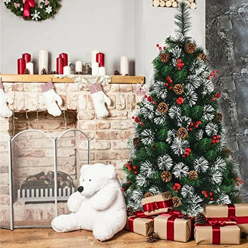 עץ חג המולד מלאכותי של מושלג 4ft מעוצב מראש עם חרוטים אורנים וגרגרים אדומים לא מנות