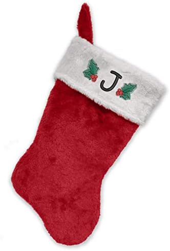 מונוגרמה אותי גרב חג המולד הראשוני רקום, קטיפה אדומה ולבנה, ראשונית J