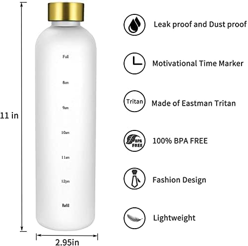 בקבוק מים עם סמן זמן, 32oz 1 ליטר, פלסטיק חלבית ללא BPA, בקבוק מים לשימוש חוזר, אטום דליפות