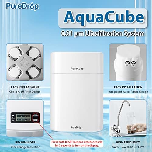 PureDrop Cuw4 ללא מיכל 0.01 מיקרומטר קומפקטי אולטרה-סינון תחת מערכת מסנן מים בכיור, קיבולת גבוהה של 4 שלבים