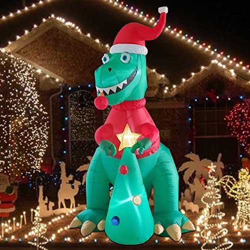 קישוטי חג המולד מתנפחים של פופטרנד 7 מטר דינוזאור מתנפח עם עץ חג המולד, חג המולד וחצר X'mas מתנפחים