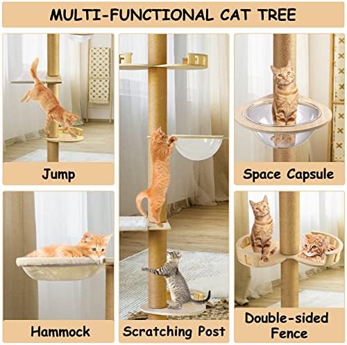 הופרן רצפה-כדי-תקרת חתול עץ 4-שכבה חתול טיפוס מגדל עם ערסל, גדר מקפצה, קפסולת חלל, גדר תצפית, טבעי סיסל חבל מגרד