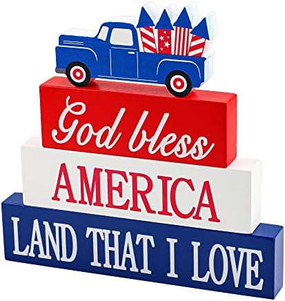 4 יחידות פטריוטי שולחן עץ סימן עצמאות יום שכבות מגש דקור כוכב משאית אלוהים יברך אמריקה לנד כי אני אוהב שולחן