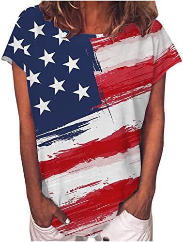 למעלה חולצה לנשים סתיו קיץ קצר שרוול סירת צוואר כותנה אמריקאי דגל גרפי מזדמן חולצה